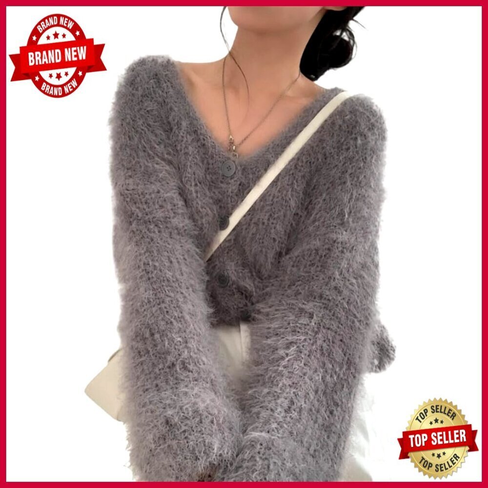 Oversized Cropped Cardigan, Faux Fur Mohair Sweater, Button Front, Long Sleeve
